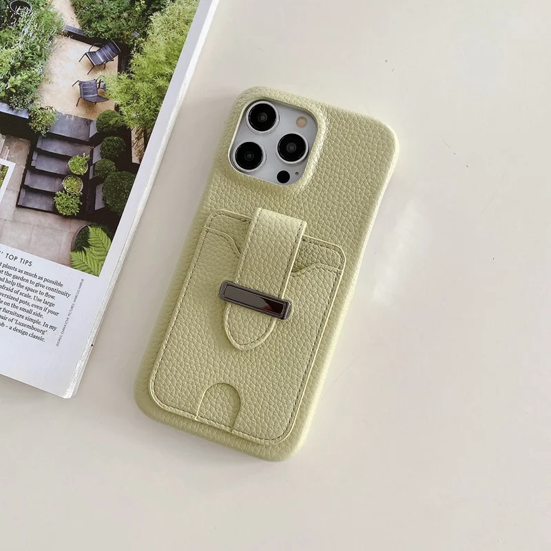 For iPhone 14 Pro Max Case with Card Slots Litchi Texture Leather + PET Phone Cover - Green