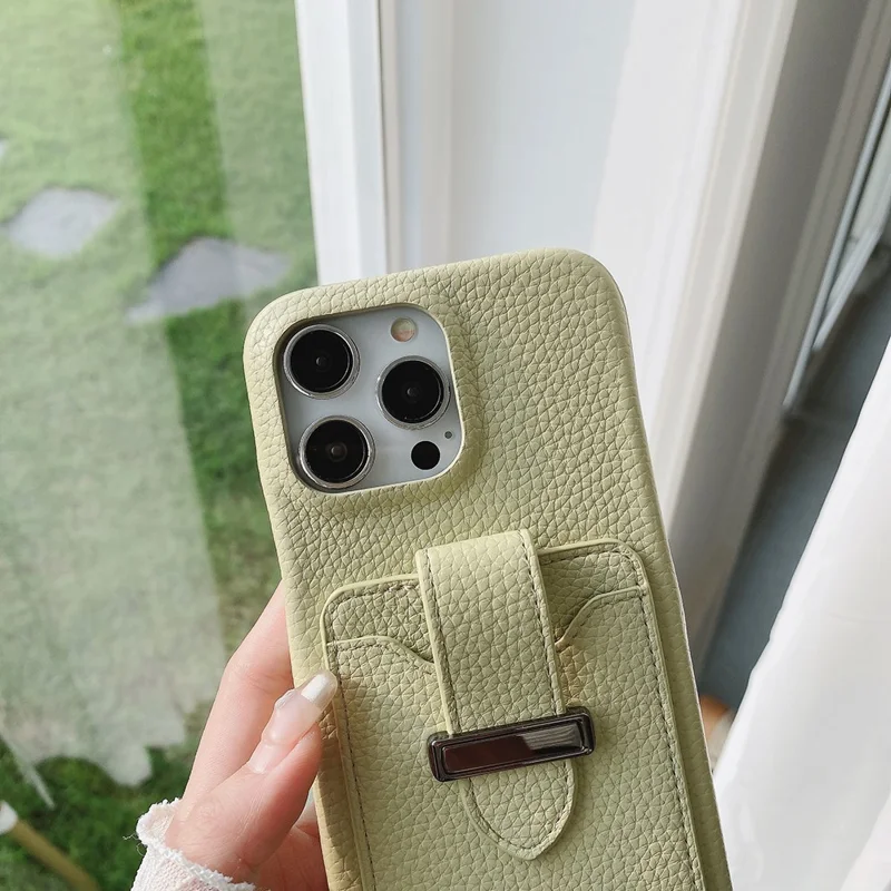 For iPhone 14 Pro Max Case with Card Slots Litchi Texture Leather + PET Phone Cover - Green
