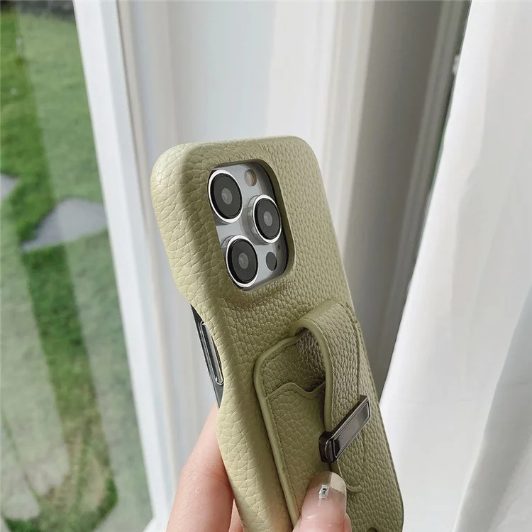 Funda para iPhone 14 Pro con ranuras para tarjetas, textura de piel de litchi + cubierta de teléfono de PET - Verde