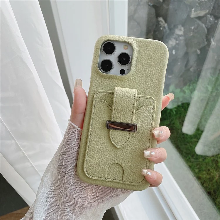 Funda para iPhone 14 Pro con ranuras para tarjetas, textura de piel de litchi + cubierta de teléfono de PET - Verde