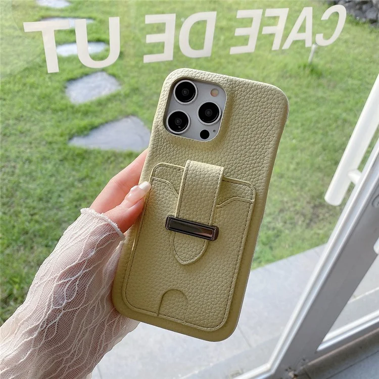 Funda para iPhone 14 Pro con ranuras para tarjetas, textura de piel de litchi + cubierta de teléfono de PET - Verde