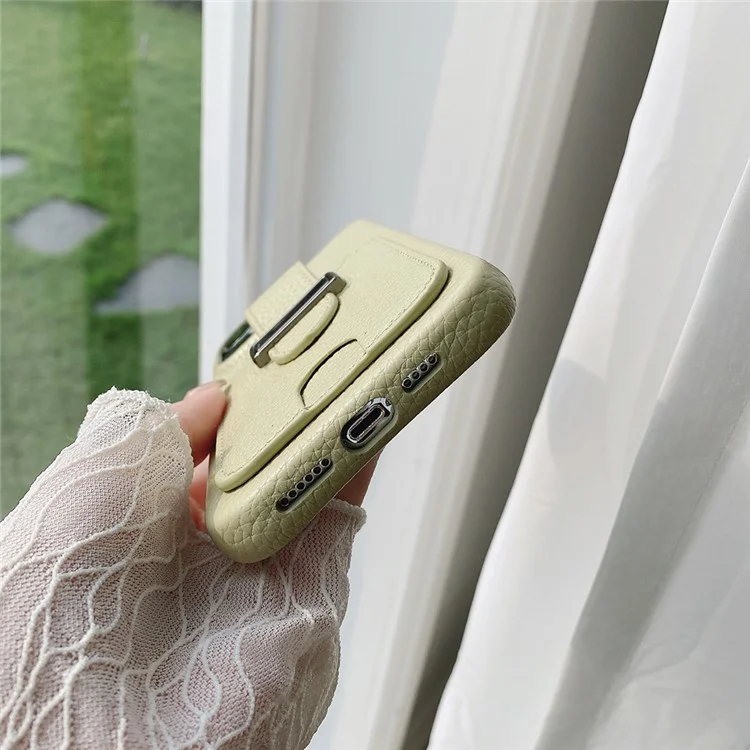 Funda para iPhone 14 Pro con ranuras para tarjetas, textura de piel de litchi + cubierta de teléfono de PET - Verde