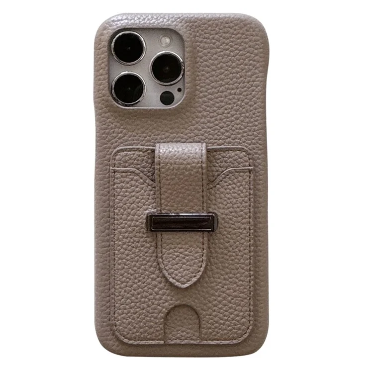Funda para iPhone 15 Pro Max con ranuras para tarjetas, textura de litchi, piel + cubierta de teléfono PET - Gris
