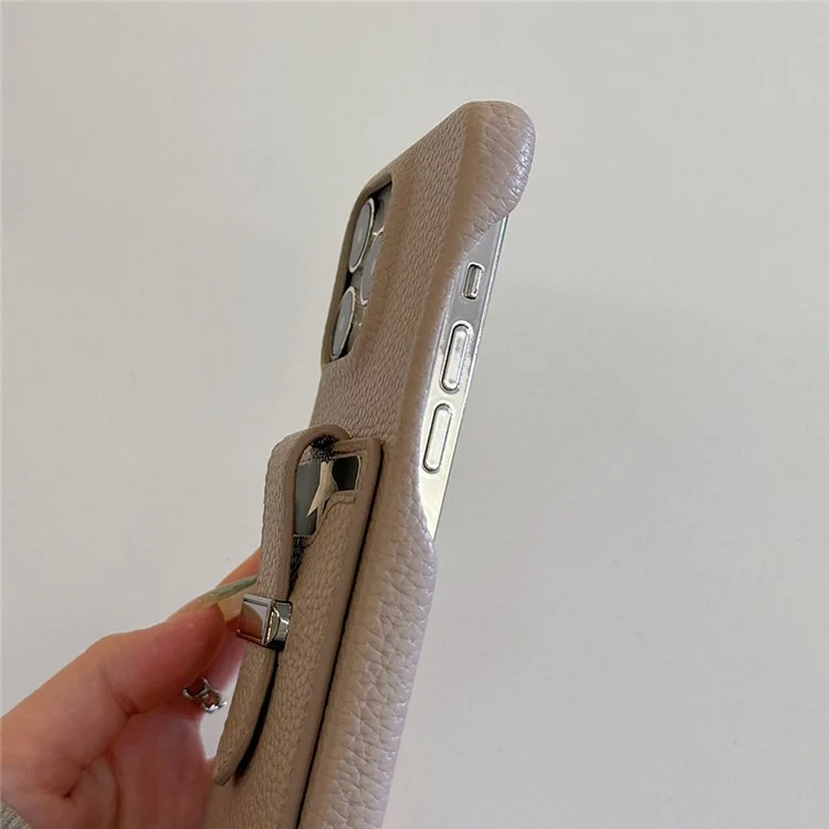 Funda para iPhone 15 Pro Max con ranuras para tarjetas, textura de litchi, piel + cubierta de teléfono PET - Gris