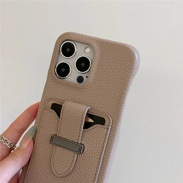 Funda para iPhone 15 Pro Max con ranuras para tarjetas, textura de litchi, piel + cubierta de teléfono PET - Gris
