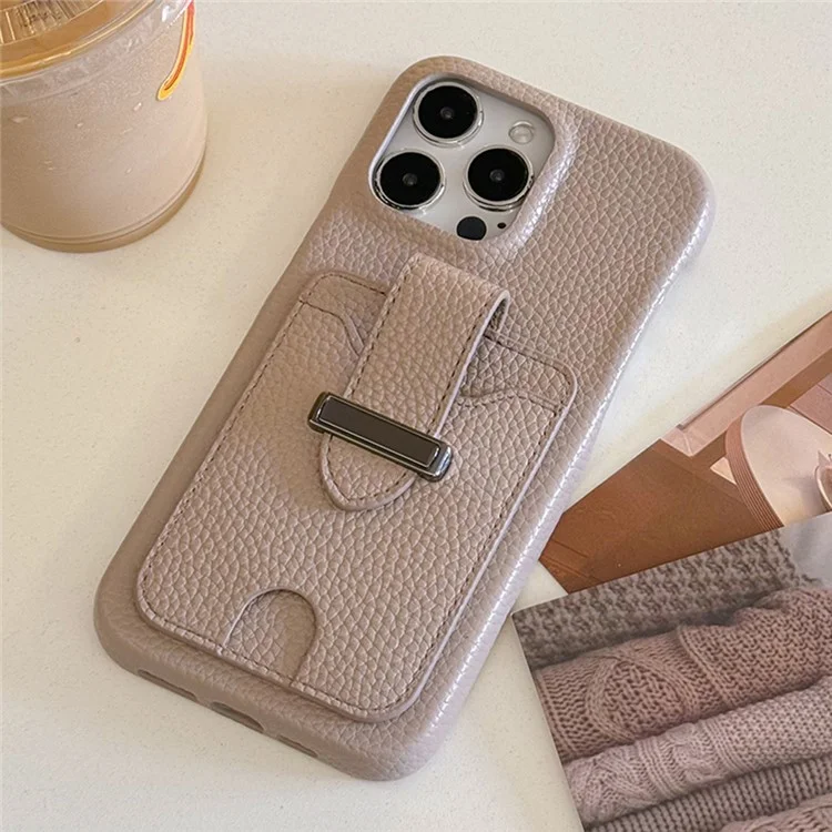 Funda para iPhone 15 Pro Max con ranuras para tarjetas, textura de litchi, piel + cubierta de teléfono PET - Gris