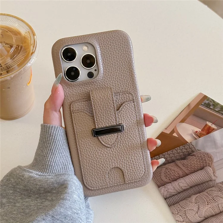 Funda para iPhone 15 Pro Max con ranuras para tarjetas, textura de litchi, piel + cubierta de teléfono PET - Gris