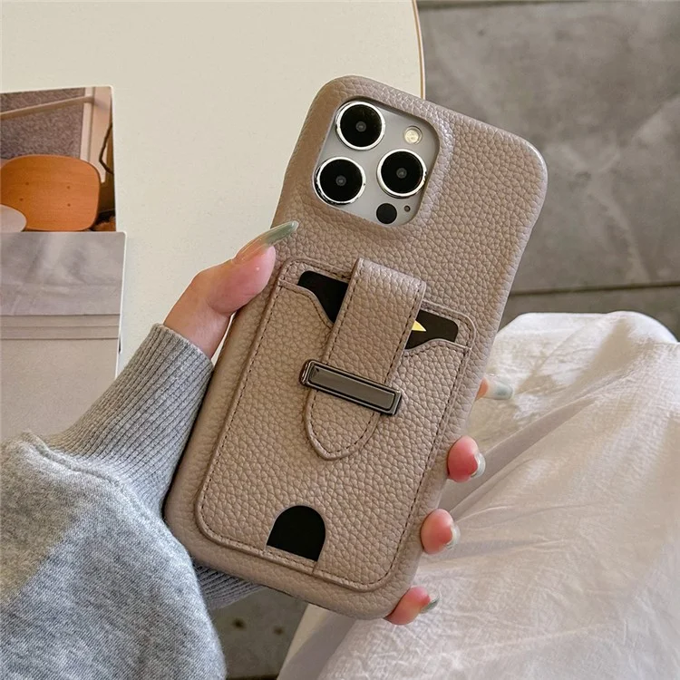 Funda para iPhone 15 Pro Max con ranuras para tarjetas, textura de litchi, piel + cubierta de teléfono PET - Gris
