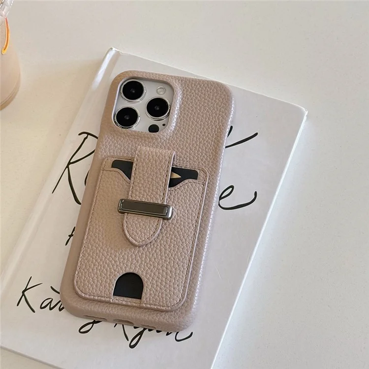 Funda para iPhone 15 Pro Max con ranuras para tarjetas, textura de litchi, piel + cubierta de teléfono PET - Gris