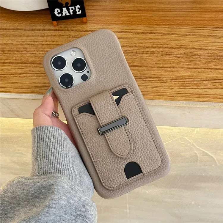 Funda para iPhone 15 Pro Max con ranuras para tarjetas, textura de litchi, piel + cubierta de teléfono PET - Gris