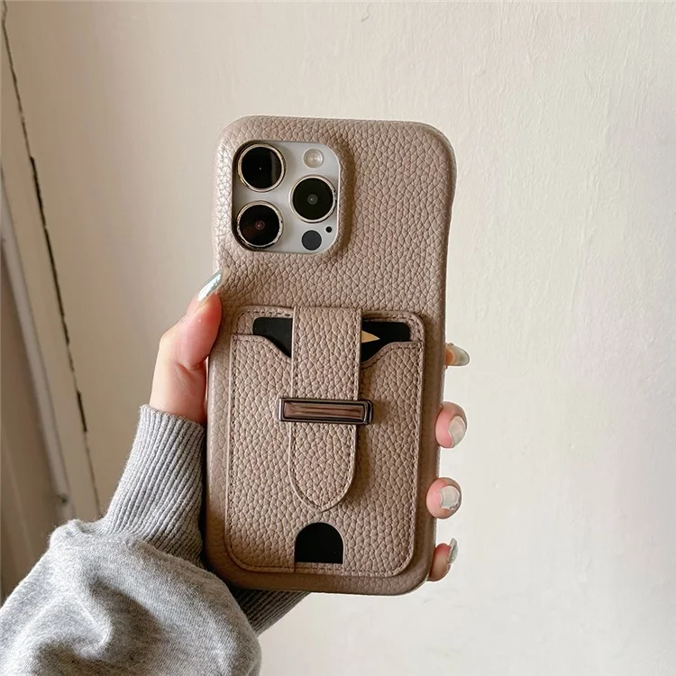 Funda para iPhone 15 Pro Max con ranuras para tarjetas, textura de litchi, piel + cubierta de teléfono PET - Gris