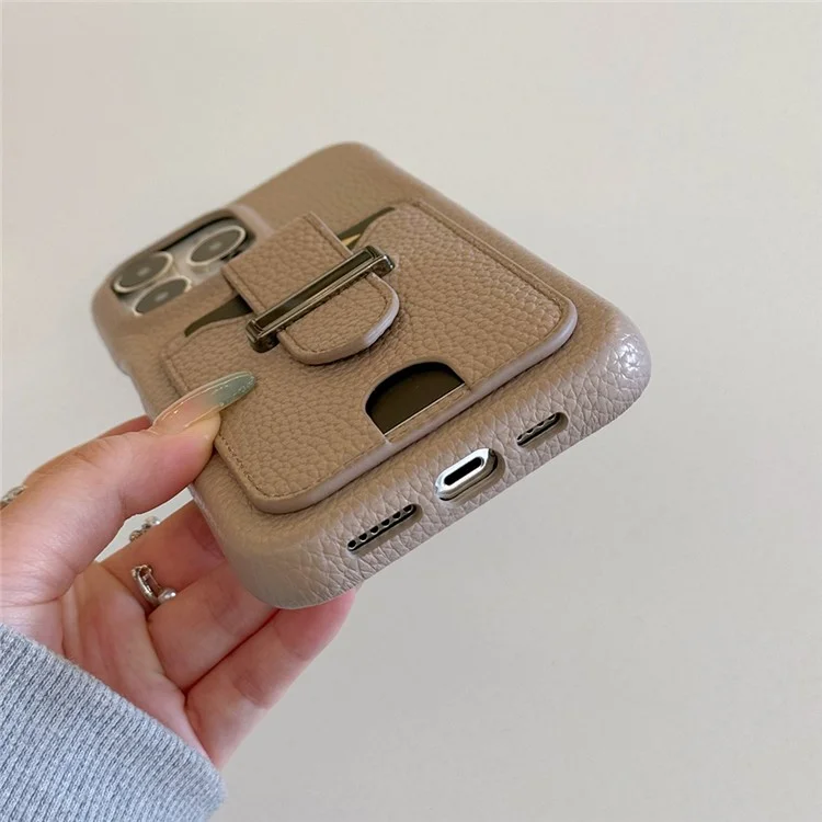 Funda para iPhone 15 Pro Max con ranuras para tarjetas, textura de litchi, piel + cubierta de teléfono PET - Gris