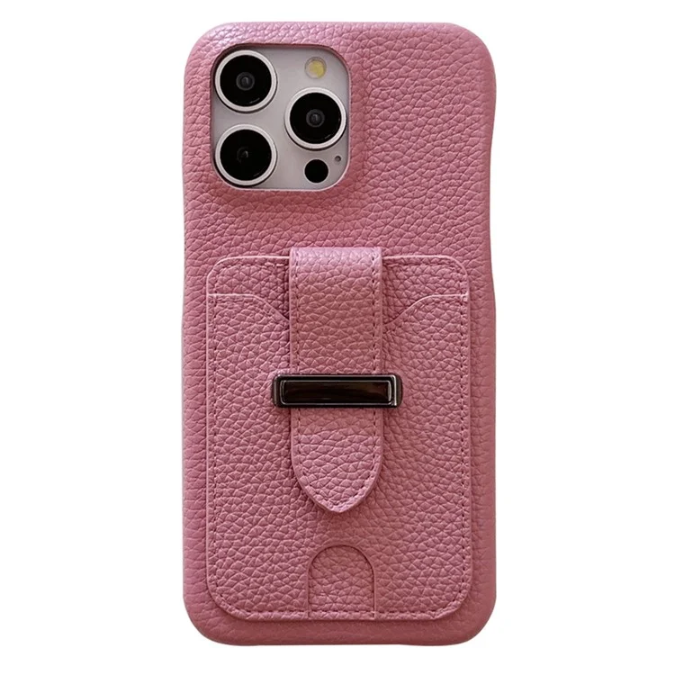 Funda para iPhone 16 Pro Max con ranuras para tarjetas, textura de litchi, cuero + funda de teléfono PET - Rosa