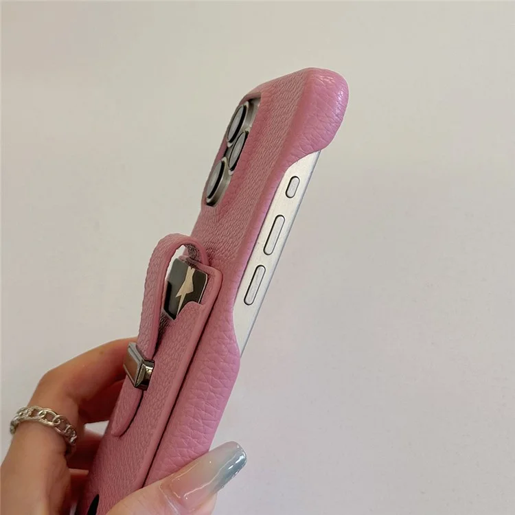 Funda para iPhone 16 Pro Max con ranuras para tarjetas, textura de litchi, cuero + funda de teléfono PET - Rosa