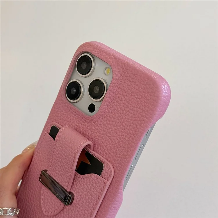 Funda para iPhone 16 Pro Max con ranuras para tarjetas, textura de litchi, cuero + funda de teléfono PET - Rosa