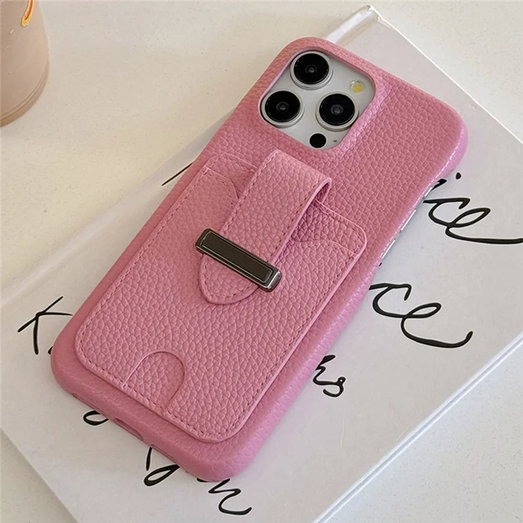Funda para iPhone 16 Pro Max con ranuras para tarjetas, textura de litchi, cuero + funda de teléfono PET - Rosa