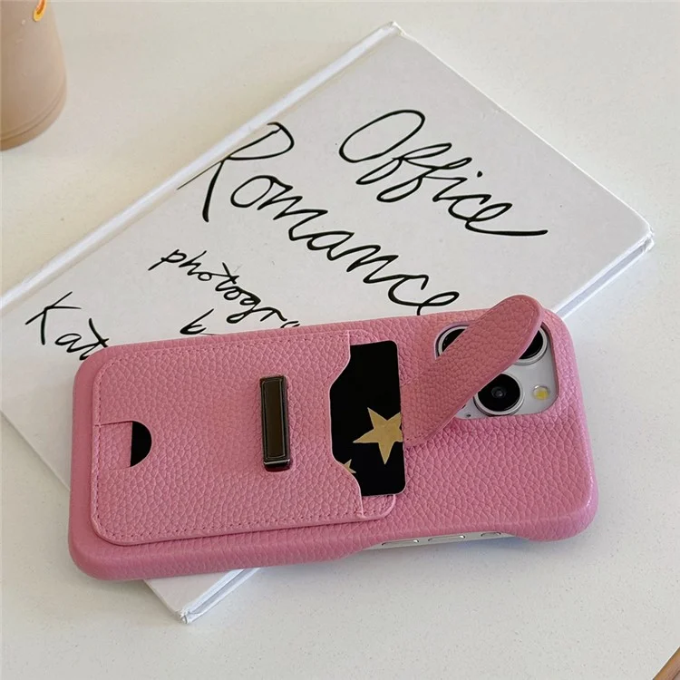 Funda para iPhone 16 Pro Max con ranuras para tarjetas, textura de litchi, cuero + funda de teléfono PET - Rosa