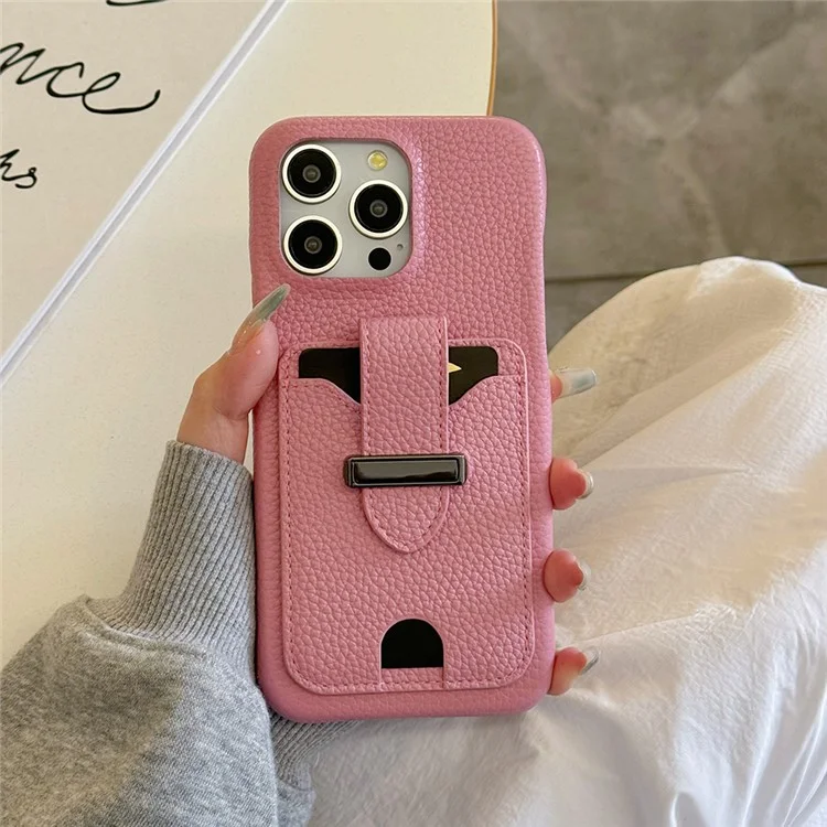 Funda para iPhone 16 Pro Max con ranuras para tarjetas, textura de litchi, cuero + funda de teléfono PET - Rosa