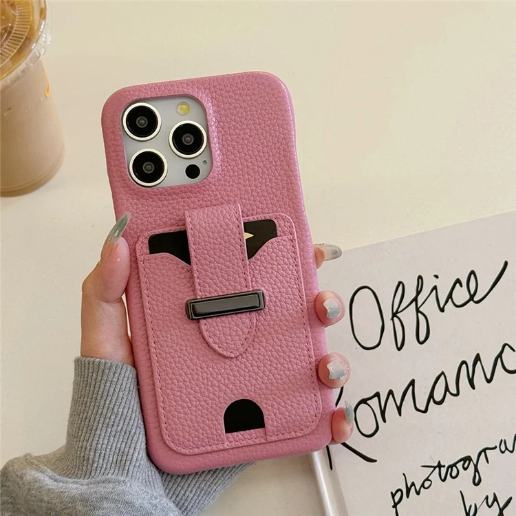 Funda para iPhone 16 Pro Max con ranuras para tarjetas, textura de litchi, cuero + funda de teléfono PET - Rosa