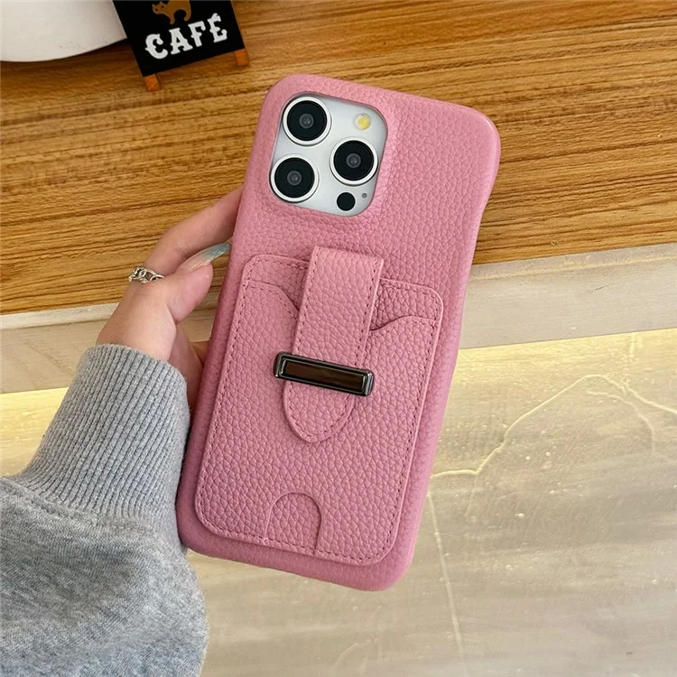 Funda para iPhone 16 Pro Max con ranuras para tarjetas, textura de litchi, cuero + funda de teléfono PET - Rosa