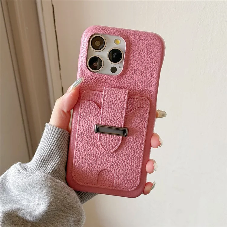 Funda para iPhone 16 Pro Max con ranuras para tarjetas, textura de litchi, cuero + funda de teléfono PET - Rosa