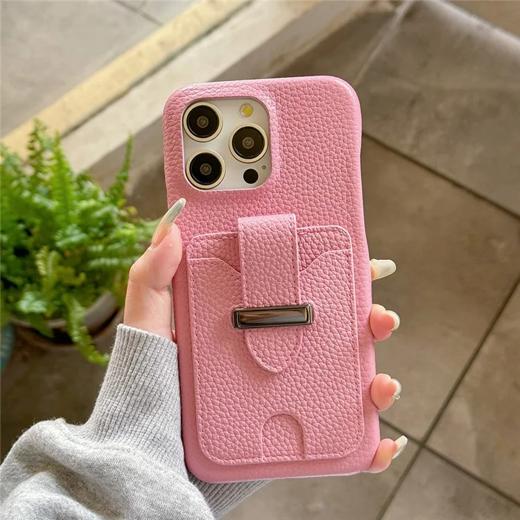 Funda para iPhone 16 Pro Max con ranuras para tarjetas, textura de litchi, cuero + funda de teléfono PET - Rosa