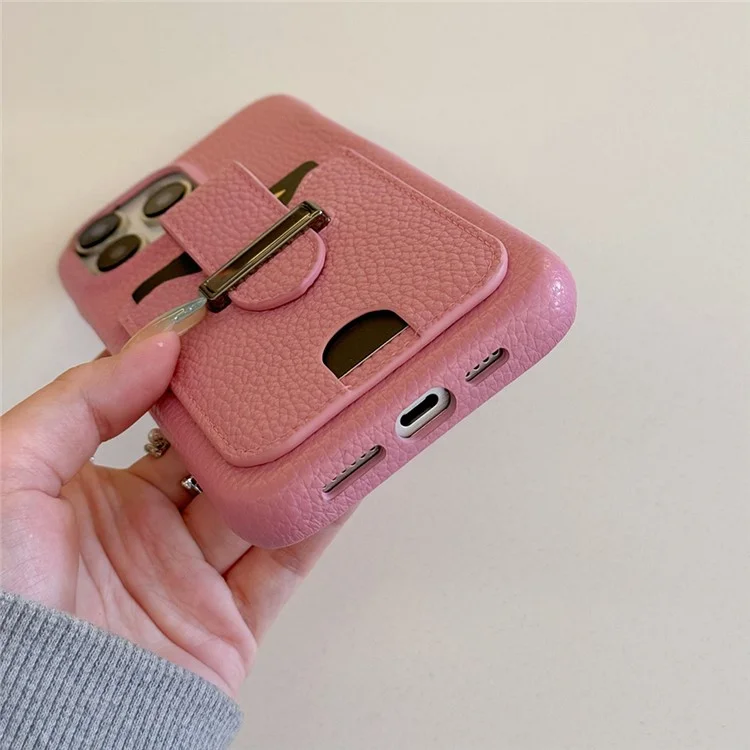 Funda para iPhone 16 Pro Max con ranuras para tarjetas, textura de litchi, cuero + funda de teléfono PET - Rosa