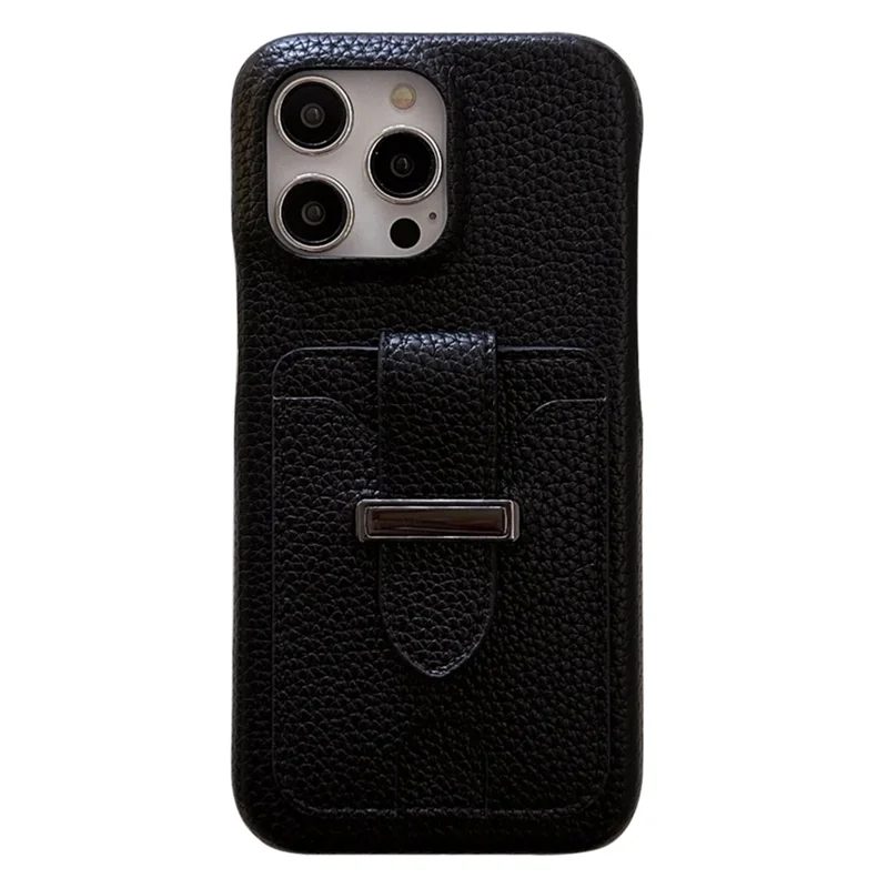 For iPhone 16 Pro Max Case with Card Slots Litchi Texture Leather + PET Phone Cover - Black