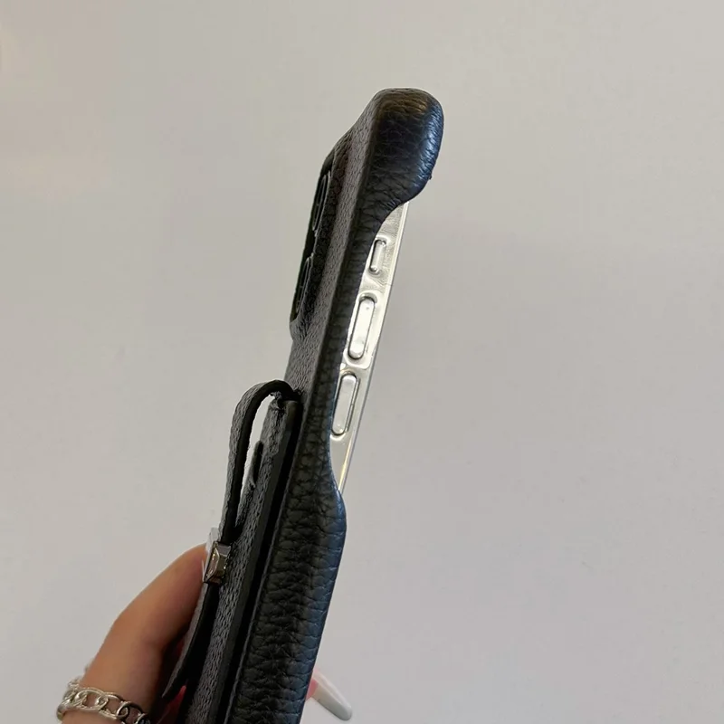 For iPhone 16 Pro Max Case with Card Slots Litchi Texture Leather + PET Phone Cover - Black