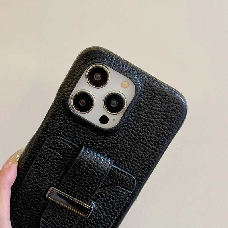 For iPhone 16 Pro Max Case with Card Slots Litchi Texture Leather + PET Phone Cover - Black