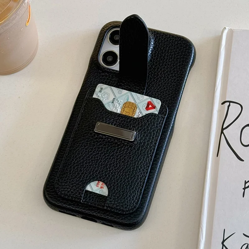 For iPhone 16 Pro Max Case with Card Slots Litchi Texture Leather + PET Phone Cover - Black