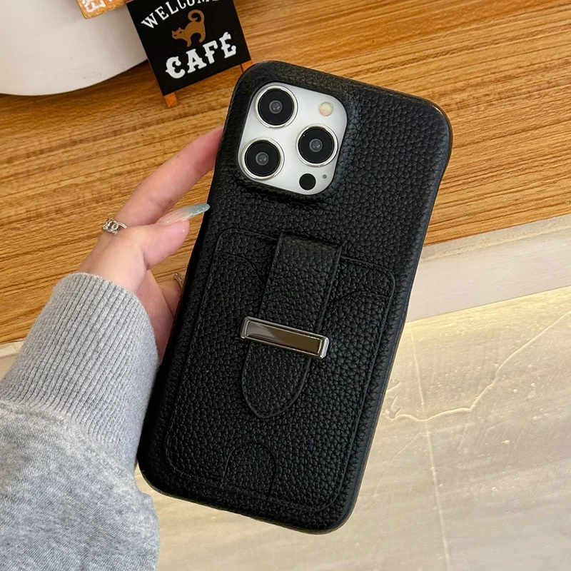 For iPhone 16 Pro Max Case with Card Slots Litchi Texture Leather + PET Phone Cover - Black