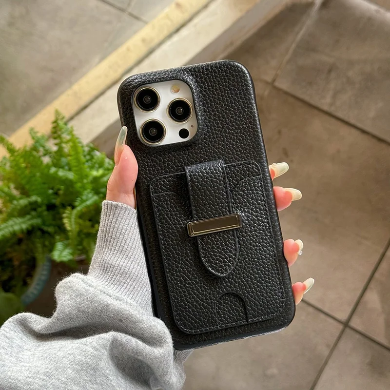 For iPhone 16 Pro Max Case with Card Slots Litchi Texture Leather + PET Phone Cover - Black