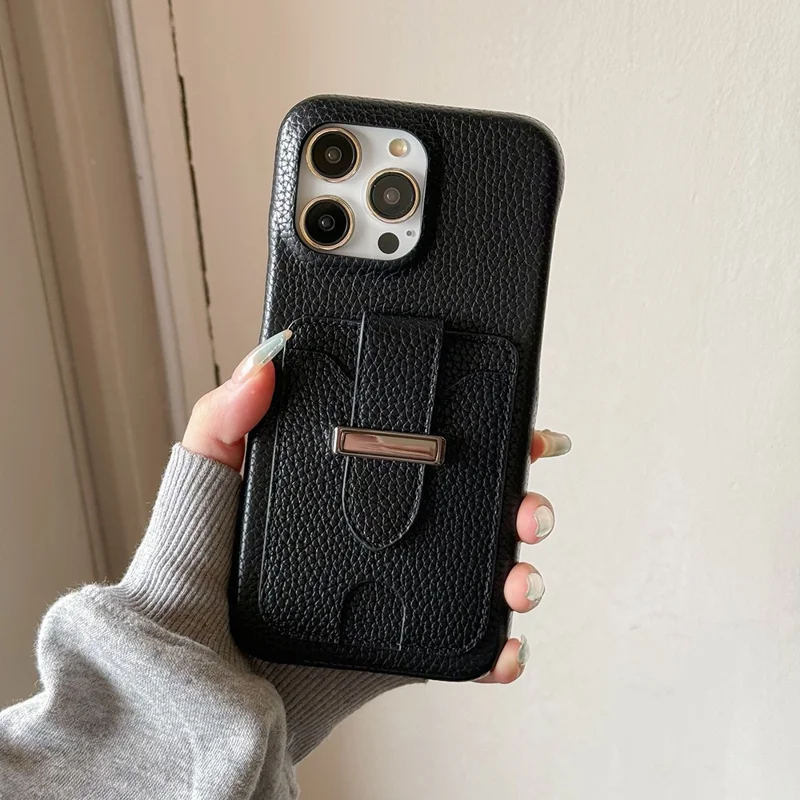 For iPhone 16 Pro Max Case with Card Slots Litchi Texture Leather + PET Phone Cover - Black