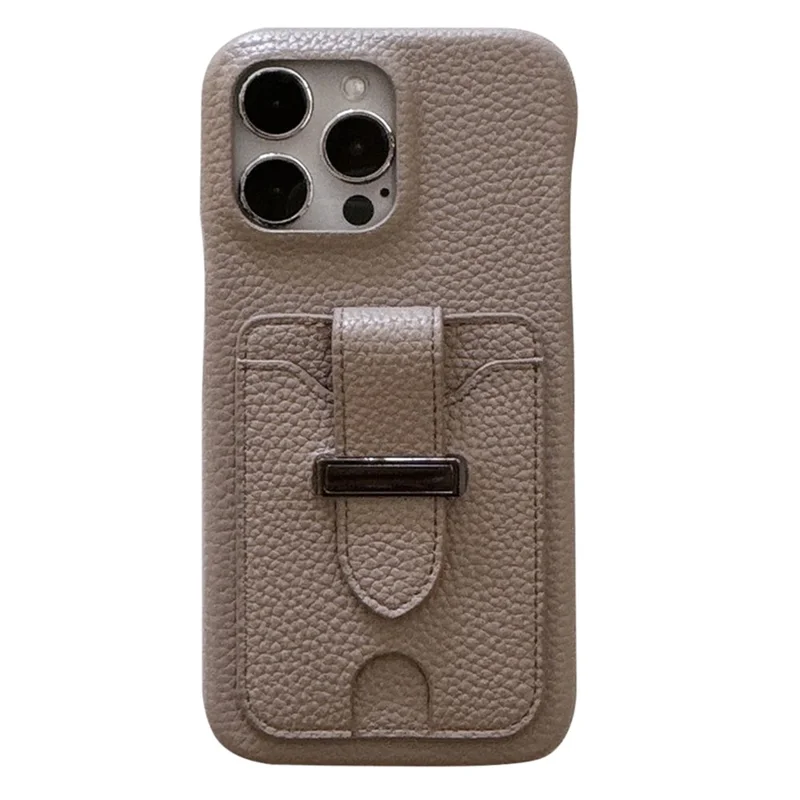For iPhone 16 Pro Max Case with Card Slots Litchi Texture Leather + PET Phone Cover - Grey