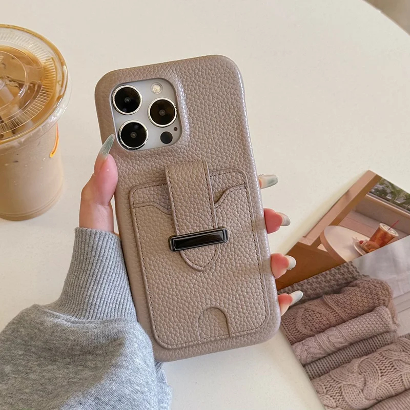 For iPhone 16 Pro Max Case with Card Slots Litchi Texture Leather + PET Phone Cover - Grey