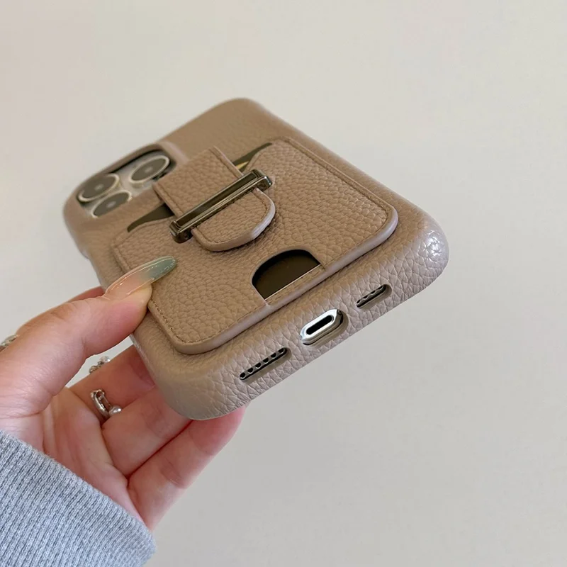 For iPhone 16 Pro Max Case with Card Slots Litchi Texture Leather + PET Phone Cover - Grey