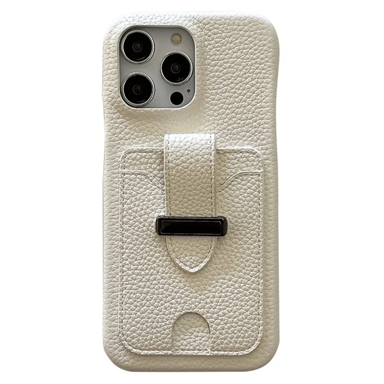Funda para iPhone 16 Pro con ranuras para tarjetas, textura de litchi, cuero + cubierta de teléfono PET - Blanco