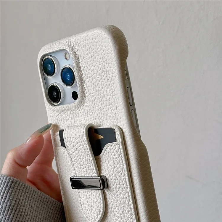 Funda para iPhone 16 Pro con ranuras para tarjetas, textura de litchi, cuero + cubierta de teléfono PET - Blanco