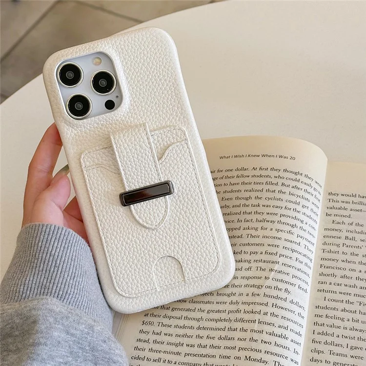 Funda para iPhone 16 Pro con ranuras para tarjetas, textura de litchi, cuero + cubierta de teléfono PET - Blanco