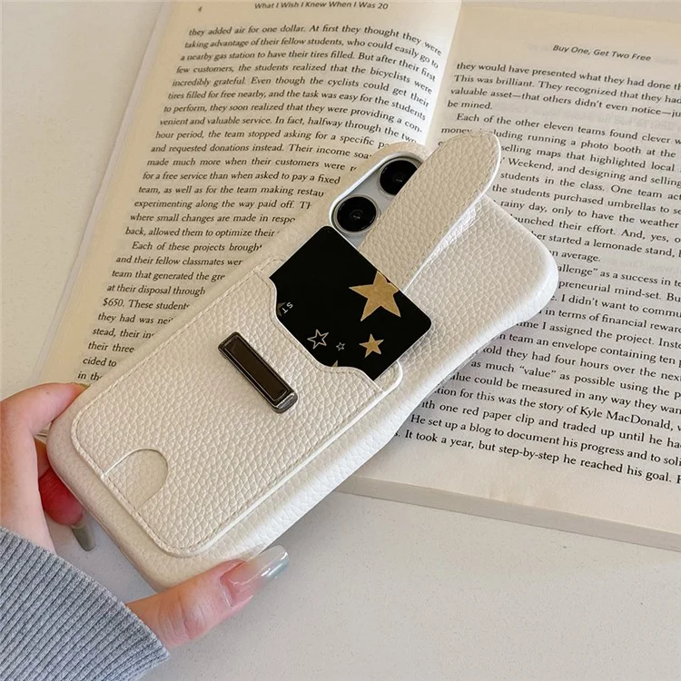 Funda para iPhone 16 Pro con ranuras para tarjetas, textura de litchi, cuero + cubierta de teléfono PET - Blanco