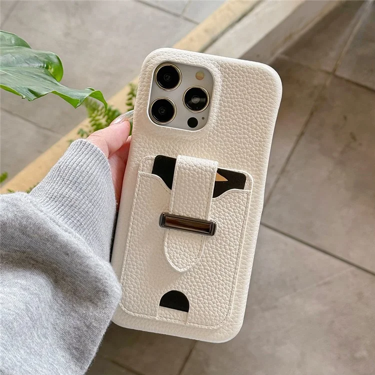 Funda para iPhone 16 Pro con ranuras para tarjetas, textura de litchi, cuero + cubierta de teléfono PET - Blanco