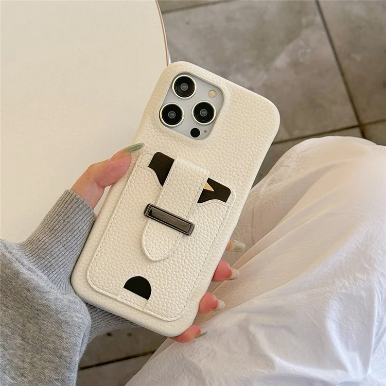 Funda para iPhone 16 Pro con ranuras para tarjetas, textura de litchi, cuero + cubierta de teléfono PET - Blanco