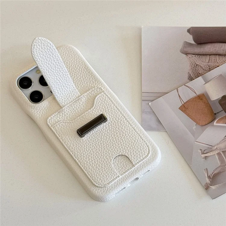 Funda para iPhone 16 Pro con ranuras para tarjetas, textura de litchi, cuero + cubierta de teléfono PET - Blanco