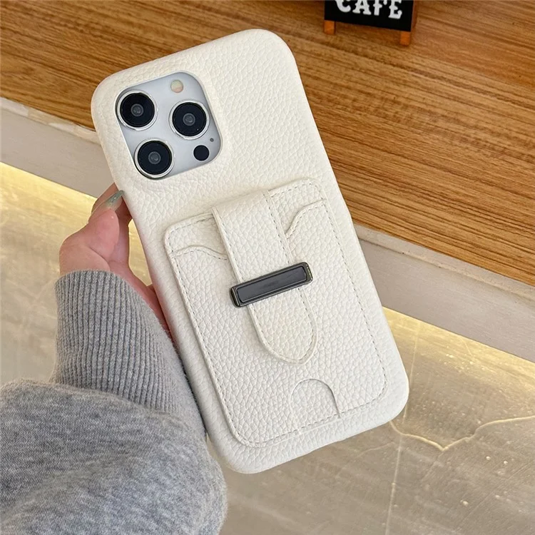 Funda para iPhone 16 Pro con ranuras para tarjetas, textura de litchi, cuero + cubierta de teléfono PET - Blanco