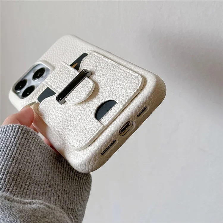 Funda para iPhone 16 Pro con ranuras para tarjetas, textura de litchi, cuero + cubierta de teléfono PET - Blanco