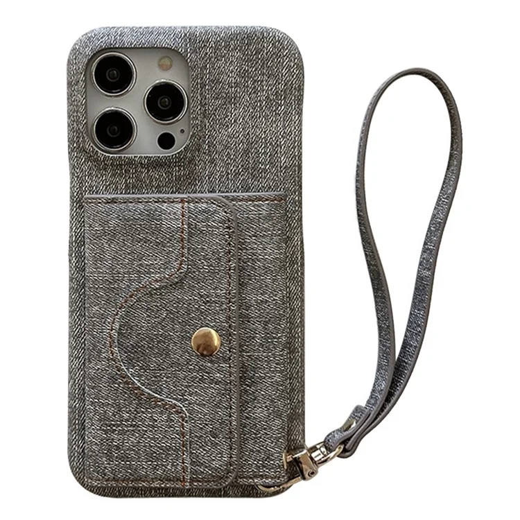 Funda para iPhone 16 Pro Max con ranuras para tarjetas, diseño de espejo, textura de tela vaquera y cuero PU con correa - Gris