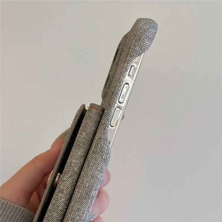 Funda para iPhone 16 Pro Max con ranuras para tarjetas, diseño de espejo, textura de tela vaquera y cuero PU con correa - Gris