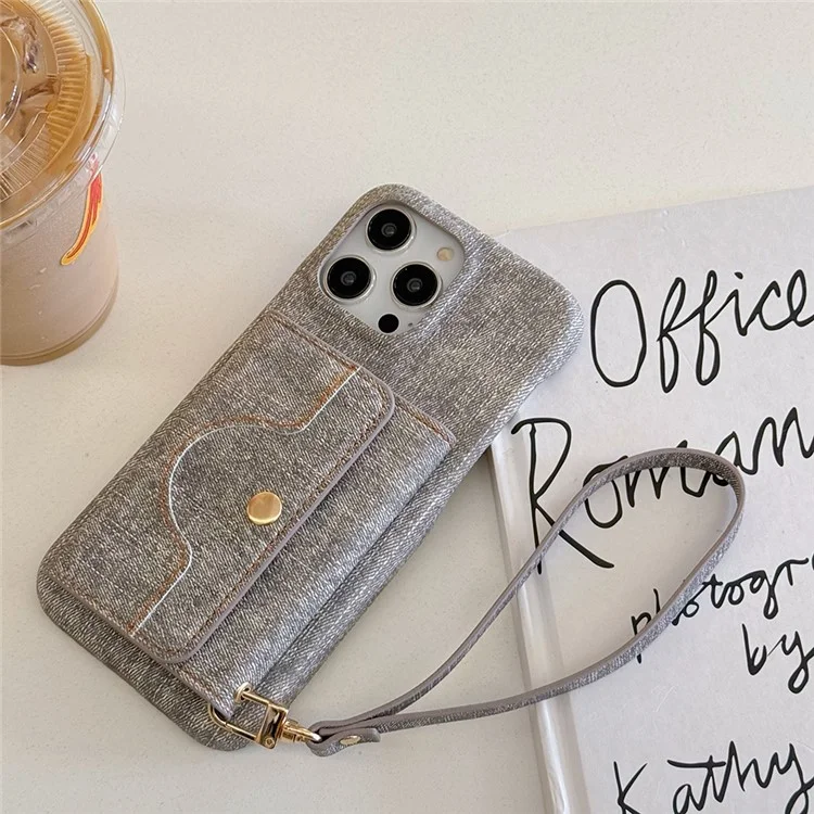 Funda para iPhone 16 Pro Max con ranuras para tarjetas, diseño de espejo, textura de tela vaquera y cuero PU con correa - Gris