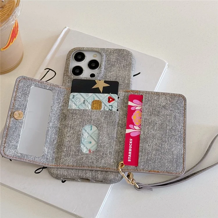 Funda para iPhone 16 Pro Max con ranuras para tarjetas, diseño de espejo, textura de tela vaquera y cuero PU con correa - Gris